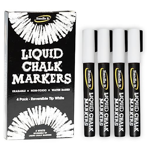 Chalk Markers - 4 White, Erasable, Non-Toxic, Water-Based, Reversible Tips, Crisp White For Kids & Adults for Glass & Chalkboard Markers for Bandle B.