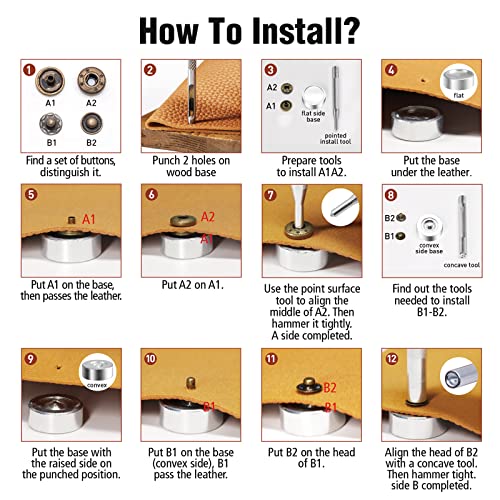 Alritz 120 Set Leather Snap Fasteners Kit, 12.5mm Metal Button Snaps Press Studs with 4 Setter Tools, 6 Color Leather Snaps for Clothes, Jackets, Alritz