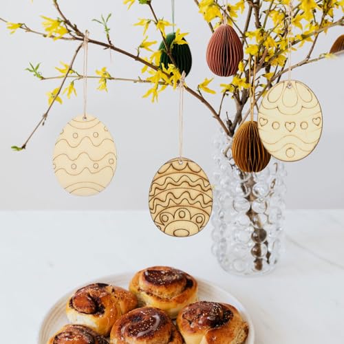 KALLORY Easter Egg Wooden Cutouts with Rope 60pcs Easter Egg Unfinished Wood Ornaments Egg Shaped Blank Wooden Slices for Easter Spring Hanging KALLORY