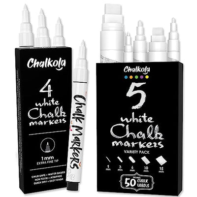 4 White 1mm + 5 White Variety Chalk Markers Bundle