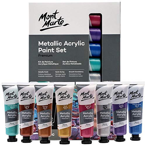 MONT MARTE Premium Metallic Acrylic Paint Set, 8 x 1.02oz (36ml) Tubes, 8 Colors, Suitable for Most Surfaces Including Canvas, Card, Paper and Wood MONT MARTE