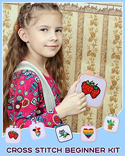 Pllieay 5PCS Cross Stitch Kits for Beginners for Kids 7-13, Includes 5 Project Patterned and 5pcs Square Embroidery Hoops, 11 Skeins, Needle Point Pllieay