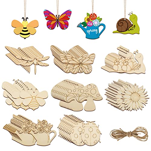 80PCS Wooden Spring Ornaments to Paint, 8 Styles DIY Blank Unfinished Wood Cutouts Ornament for Home Crafts Hanging Decorations, Insect Dragonfly Sophena