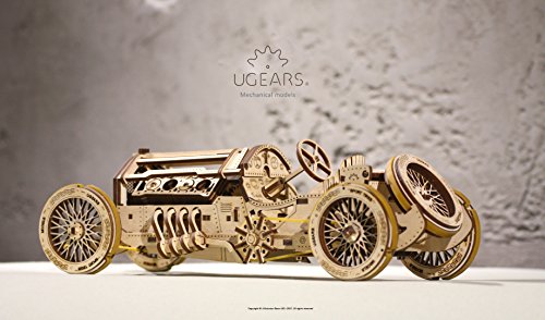 Ugears U-9 Grand Prix Car Wooden Model (DIY Building Kit) Hand-Crank Powered Vehicle w/Working Pistons, Wheels, Shocks | Functional, Authentic Racing UGEARS