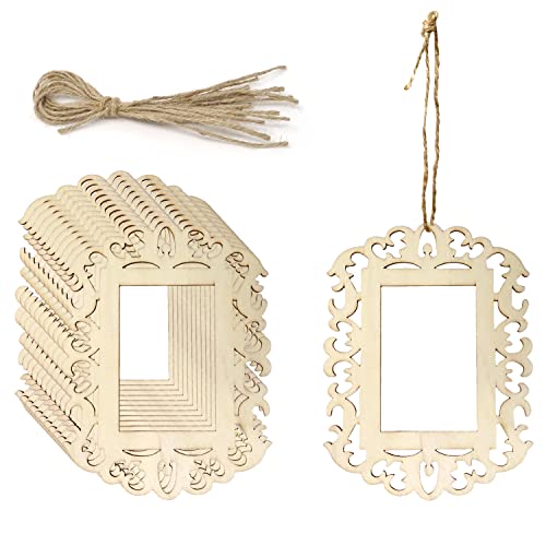 yueton 12PCS Blank Unfinished Wooden Picture Frames Wood Photo Frame with Jute Rope for DIY Crafts, Home Decoration, Christmas Tree Hanging yueton