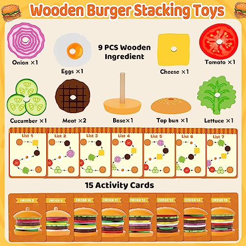 Jumlys Montessori Toys for 2, 3, 4, 5, Year Old, Wooden Burger Stacking Toys, Fine Motor Toys for Kids Boys Girls, Ideal Preschool Educational and Jumlys