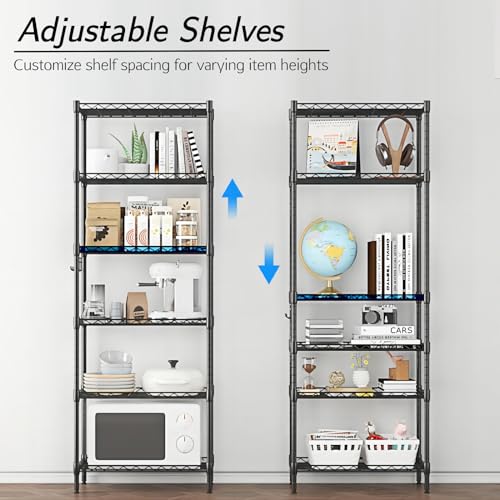 Homdox 6-Tier Storage Shelf Wire Shelving Unit Free Standing Rack Organization Adjustable Leveling Feet, Stainless Side Hooks, Black Homdox
