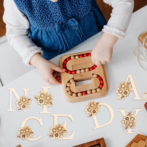 Tofficu Mini Unfinished Wood Alphabet Letters 26pcs Unfinished Mini Blank Wood Letter with Flower for Home Decor, Spelling Education, DIY Homemade Tofficu