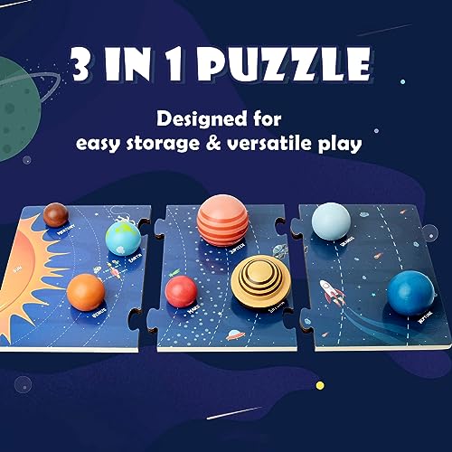 Wooden Solar System Model Board, Montessori Toys Planets Puzzle Science STEM Space Learning for Kids 4-8 with 3D Planets Models, Prechool Educational Xylolin