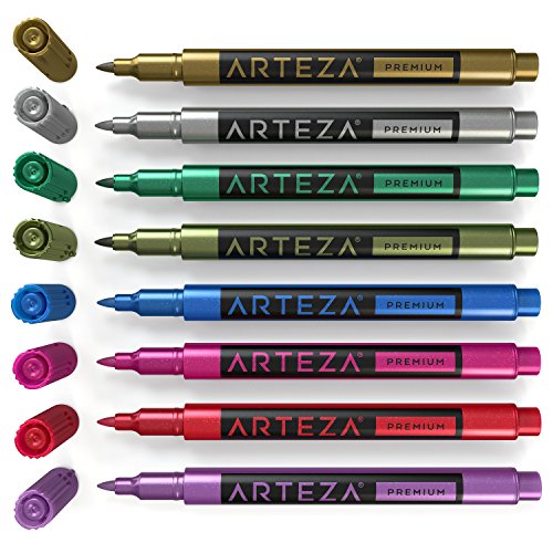ARTEZA Wine Glass Markers, Set of 8 Metallic Pens, Quick-Drying Erasable Markers for Wine Glasses, Glass Boards and Other Surfaces, For Decorating, ARTEZA