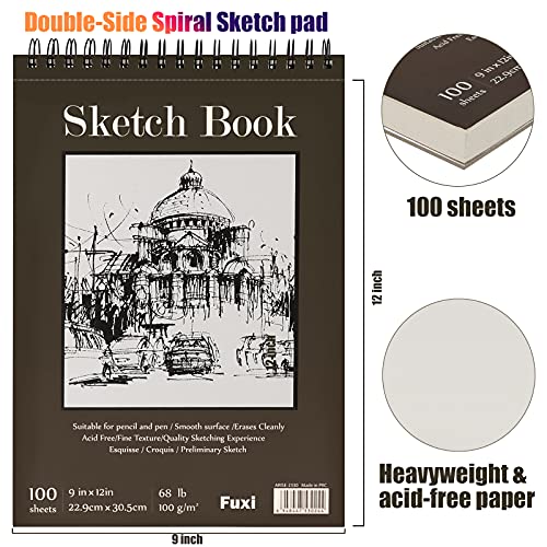 9" x 12" Sketch Book, Top Spiral Bound Sketch Pad, 2 Packs 100-Sheets Each (68lb/100gsm), Acid Free Art Sketchbook Artistic Drawing Painting Writing Fuxi