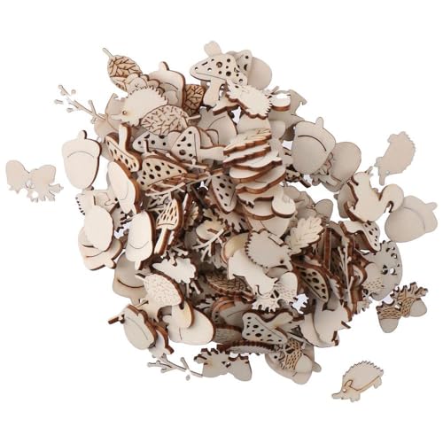 hobbyhub 200Pcs Animals and Plants Wooden Embellishments,Unfinished Wood Cutout Set Forest Animal Leaf Mushroom Craft Pieces Slice Ornament for DIY hobbyhub
