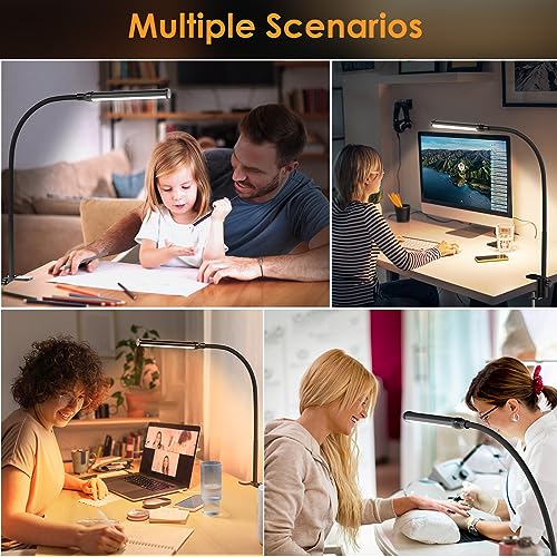 ShineTech LED Desk Lamp for Home Office, Eye-Caring Desk Light with Clamp, 3 Colors Stepless Brightness Adjustable Flexible Gooseneck, USB Adapter ShineTech
