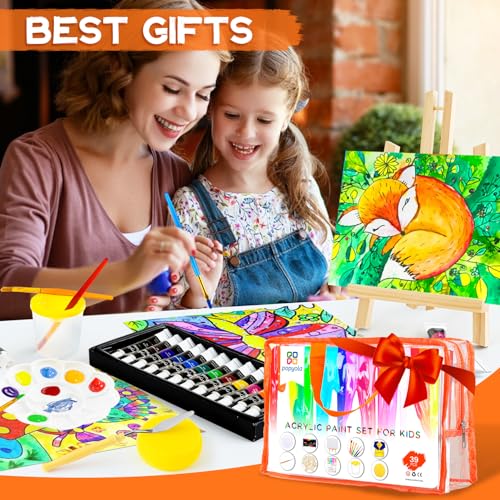POPYOLA Acrylic Paint Set for Kids with Portable Gift Bag, Art Supplies Kids Painting Set with Non Toxic Paints, Smock, Easel, Ornaments, Paint POPYOLA