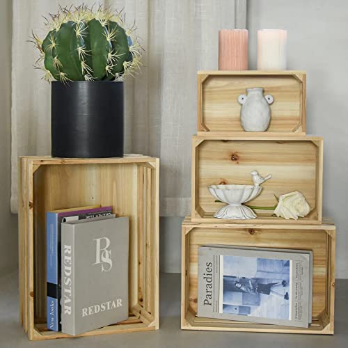 MACVAD Set of 4 Large Wooden Crates Unfinished Office Storage Crates, Decorative Wood Storage Crates for Display, Rustic Pine Wood Organizer Bin MACVAD