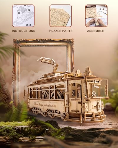 ROKR 3D Wooden Puzzles Model Car Kits for Adults to Build - Wooden Toy Tram Train Set with Railway - Wood 3D Puzzles for Adults - Gift Idea for ROKR