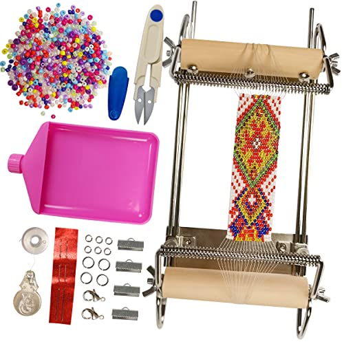 hobbyworker The Second Generation Adjustable Bead Loom Kit with Seed Beads,Large Eye Curved Beading Needle, Funnel Tray,Lobster Clasp,Open Ring and hobbyworker