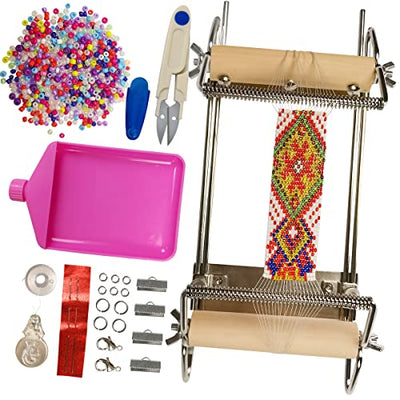 hobbyworker The Second Generation Adjustable Bead Loom Kit with Seed Beads,Large Eye Curved Beading Needle, Funnel Tray,Lobster Clasp,Open Ring and