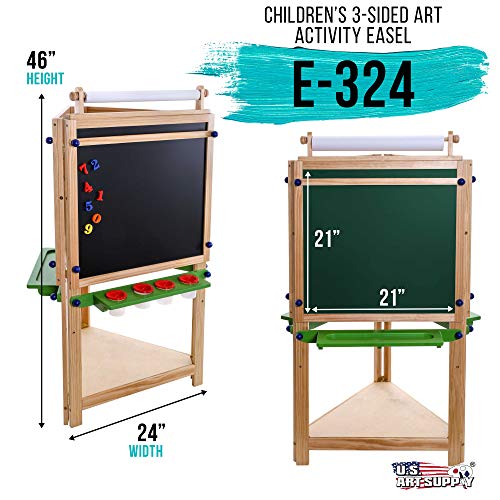 U.S. Art Supply Children's 3-Sided Art Activity Easel with Chalkboard, Large Paper Roll, Shelf & Plastic Paint Cups US Art Supply