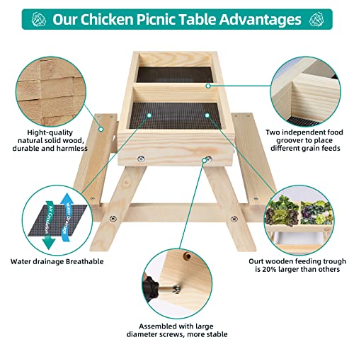 Chicken Picnic Table No Waste, Large Chicken Feeder Handmade Wooden, DIY Chicken Table Feeder Kit, Wild Bird, Duck & Squirrel Feeders No Mess, Mesh CHTSJQW