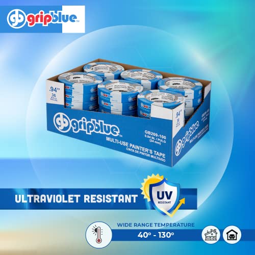 GripBlue Blue Painters Tape 1 inch Wide, Masking Tape Blue .94in x 60yds, 36 Rolls of Blue Paint Tape, 1 Inch Painters Tape for Sharp Lines, Blue GripBlue