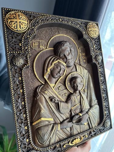 Handmade wooden Holy Family - Wood Carved Nativity Icon - 10 x 12 inches made of natural oak - wall hanging christian wall art Kozakworkshop