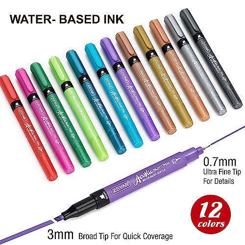 ZEYAR Acrylic Paint Pen, Needle Extra Fine and Chisel Point, 12 Metallic Colors, Waterproof Ink, Works on Rock, Wood, Glass, Metal, Ceramic and More ZEYAR