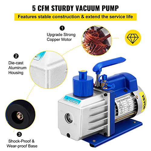 VEVOR Vacuum Chamber with Pump, 5 Gallon Vacuum Chamber Acrylic Lid, 5CFM 1/2 HP Single Stage Rotary Vane Vacuum Pump, 110V HVAC Air Tool Set for VEVOR