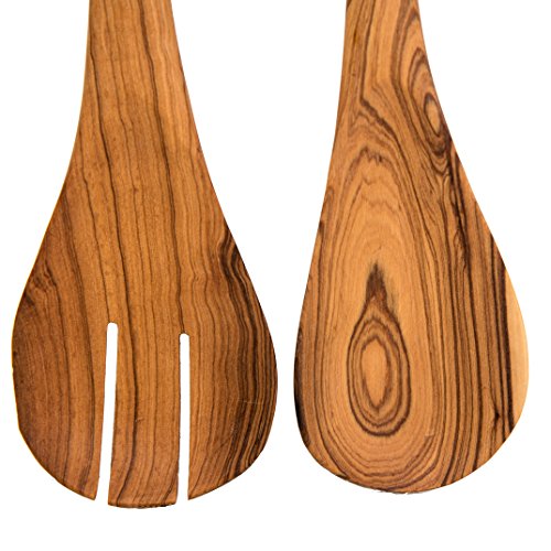 Olive Wood Salad Server Set in an eco-friendly Gift Bag – 2 Piece Fair Trade, Large Wooden Salad Server Spoons. Hand Carved & Beautifully Designed in African Inspired Design