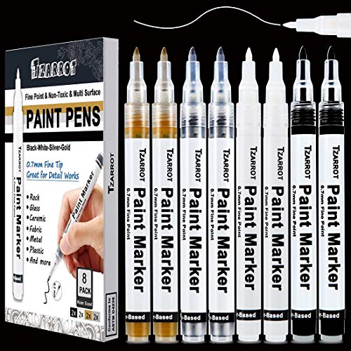 White Paint Pen, 8 Pack 0.7mm Acrylic Paint Pens with 2 White 2 Black 2 Gold 2 Silver Paint Pen Permanent Marker for Wood Rock Fabric Metal Plastic TZARROT