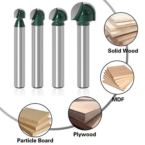 Yakamoz 4Pcs 1/4" Shank Round Nose Router Bit Core Box Router Bits Set Round Groove CNC Sign Making Router Cutter Woodworking Carving Cutting Tool YAKAMOZ