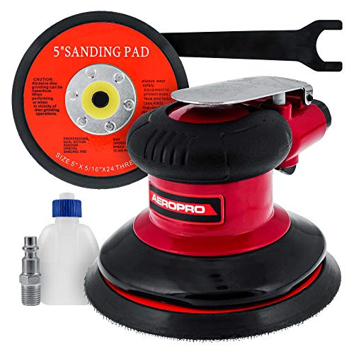 TCP Global Professional Heavy Duty 5" Dual-Action Random Orbit Air Palm Sander with Both PSA and Hook & Loop Backing Pads - Orbital Pneumatic Sanding TCP Global
