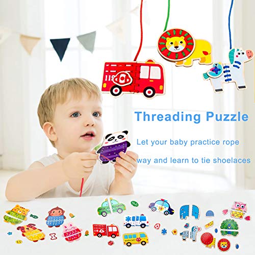 Promise Babe 5 Pack Animals Lacing Cards Wood Block Puzzle Threading Toys Montessori Toy Sewing Cards for Toddler Educational Preschool Toys… Promise Babe