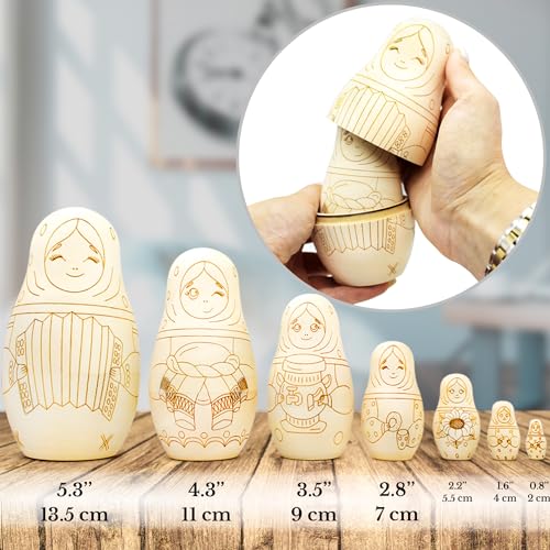 AEVVV Paint Your Own Matryoshka Doll Set 7 pcs - Blank Nesting Dolls for Coloring - Unpainted Russian Nesting Dolls - Unfinished Wood Crafts DIY AEVVV