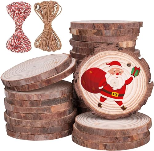 Wood Ornaments, Mathtoxyz Wood Slices 2.4-2.8 Inches 30 Pcs Rustic Unfinished Wood Log Discs Predrilled Wooden Circles for DIY Arts Crafts Halloween Mathtoxyz