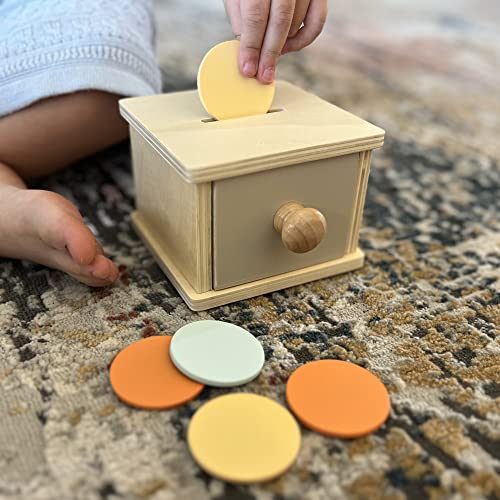Montessori Mama Montessori Coin Box, Montessori Toys for 1 Year Old Toddler Coins, Baby Wooden Montessori Toy Ball Infant Drawer Drop Montessori Mama