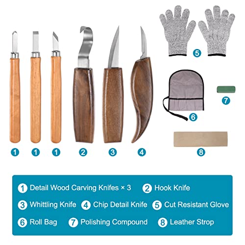 HARFINGTON Wood Carving Tools 10in1 Set Whittling Knife, Detail Knife, Hand Carving Woodworking Tool with Roll Bag for Engraver, Carpenter and HARFINGTON