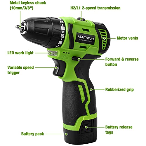 18V Cordless Drill, MAITHEUO Brushless Power Drill with 2Pcs Battery and Charger, 3/8”Keyless Chuck, 2 Variable Speed, 20+1 Torque Setting Electric MAITHEUO