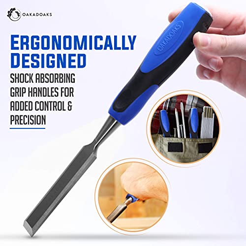 Chisel Set Woodworking Tools & Wood Carving Tools – Sharp, Chrome Vanadium Steel Wood Chisel Sets w/Beveled Edges – Durable PP & TPR Handle + Metal Oakadoaks