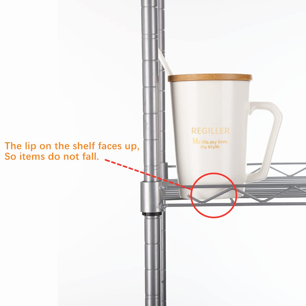 REGILLER 5-Wire Shelving Metal Storage Rack Adjustable Shelves, Standing Storage Shelf Units for Laundry Bathroom Kitchen Pantry Closet(Silver, 16.6L REGILLER