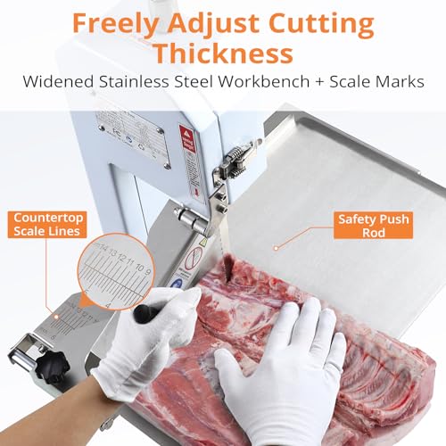 GARVEE Meat Saw for Butchering, 550W Bone Saw Machine, 0.39~5.7 Inches Cutting Thickness with 6 Saw Blades, Meat Bandsaw Butchering with Workbench GARVEE