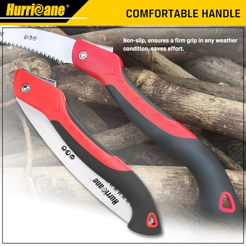HURRICANE Pruning Saw, 10 Inch, Folding Hand Saw with SK5 Curved Blade, Triple-cut Razor Teeth, Heavy Duty Hand Saw for Tree Wood Cutting, Camping HURRICANE