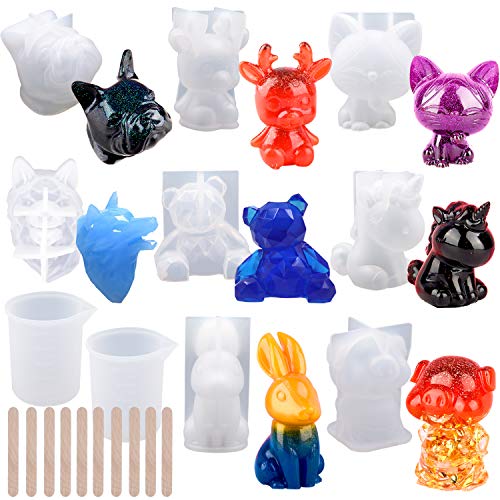 EuTengHao 20Pcs 3D Animal Resin Molds Tools Set Includes 8 Resin Casting Molds Large Clear Unicorn Epoxy Silicone Molds 2 Measurement Cup 10 Wood EuTengHao