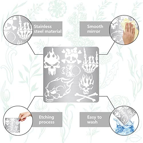 GORGECRAFT 6.3 Inch Skull Metal Stencil Stainless Steel Painting Template Journal Tool for Painting Wood Burning Pyrography and Engraving Home DIY GORGECRAFT