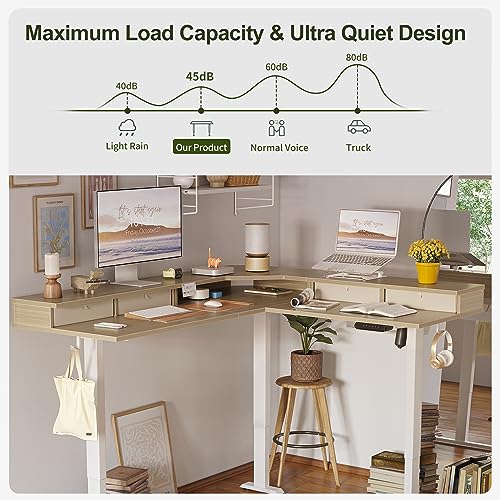 BANTI 63" L-Shaped Electric Standing Desk,Height Adjustable Stand up Desk with 3 Drawer,Corner Stand up Desk, Light Walnut Top BANTI
