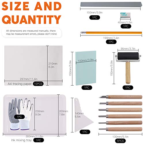 Rustark 24 Pieces Block Printing Starter Tool Kit with Whetstone, Stamp Block, Carving Tools, Tracing Papers,Pencil, Gloves,Eraser and Scrapper, Rustark
