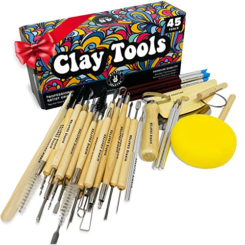 Pottery Tool Kit and Polymer Clay Tools Set for Modeling Sculpting Carving Tool Kit - 45 Pieces Ceramic Tools for Pottery Clay Sculpting Tools and HIPPIE CRAFTER