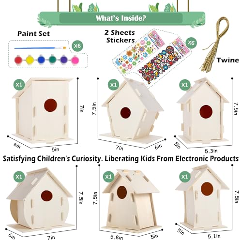 6 Pack Large DIY Bird Houses Kits for Kids, Kids Crafts Wood Houses for Crafts Class Parties, DIY Crafts and Art Birdhouse Kits, Paint Strips, ILHSTY