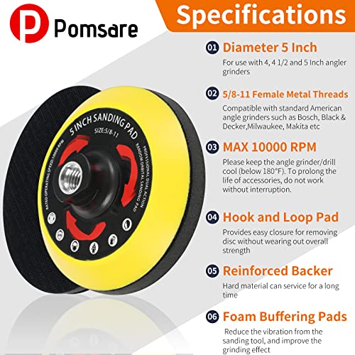 Pomsare 5 Inch Upgraded Hook and Loop Backing Pad with 80PCS Sanding Discs, Angle Grinder Attachments with 5/8-11, Drill Sanding Pad for Wood Sanding Pomsare