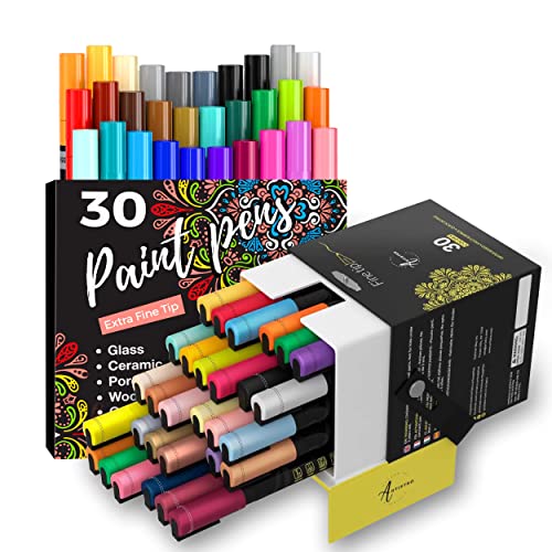 ARTISTRO Acrylic Paint Pens for Rock Painting, Stone, Ceramic, Glass, Wood,  Mugs, Metal, Fabric, Canvas (30 Pack) 28 Assorted Colors + Extra Black &  White Acrylic Paint Markers. Extra Fine Tip 0.7mm